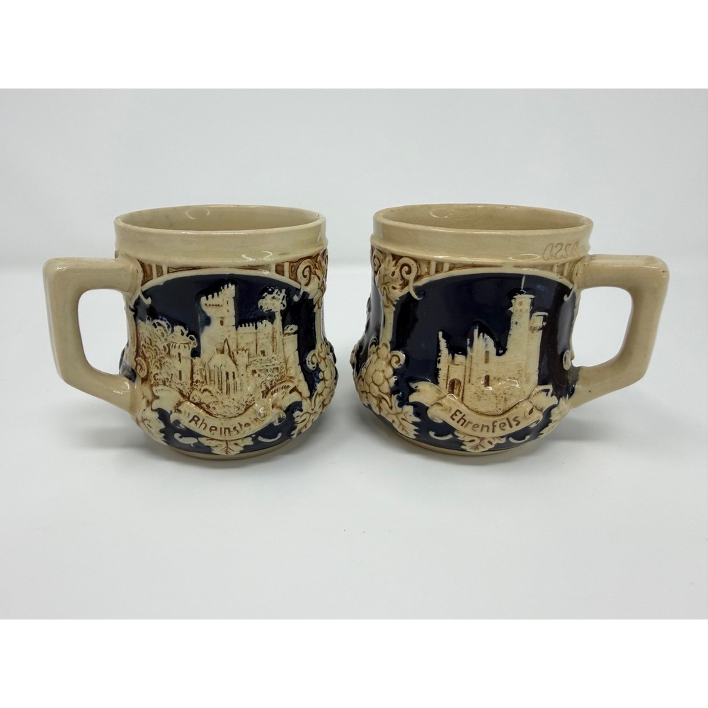 VTG German Stoneware Beer Mugs Cobalt Blue Relief Rheinstein Ehrenfels Castles